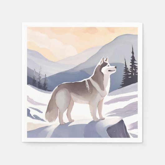 アラスカン・ハスキー | 山の水彩画の犬 スタンダードカクテルナプキン (正面)