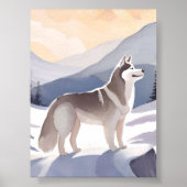 アラスカン・ハスキー | 山の水彩画の犬 ポスター (正面)