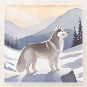 アラスカン・ハスキー | 山の犬の水彩画 ガラスコースター (正面)