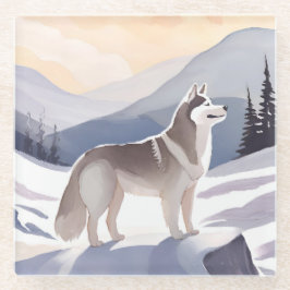 アラスカン・ハスキー | 山の犬の水彩画 ガラスコースター