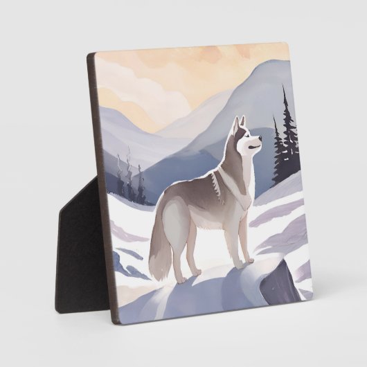 アラスカン・ハスキー | 犬の山の水彩画 フォトプラーク (正面)