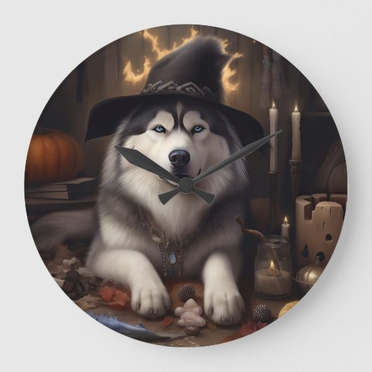 アラスカン・マラミュートのかぼちゃ ハロウィーン スケアリー ラージ壁時計 (正面)