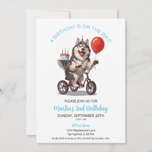 アラスカン・マラミュートのバイクとケーキの2歳の誕生日パーティー 招待状 (正面)