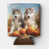 アラスカン・マラミュートの仔犬　秋の喜び　カボチャ 缶クーラー (正面)