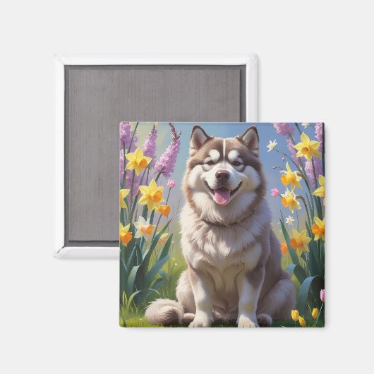 アラスカン・マラミュートの春の花の絵画 マグネット (正面/裏面)