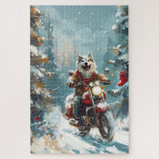 アラスカン・マラミュートの犬がバイクに乗るクリスマス ジグソーパズル (縦)