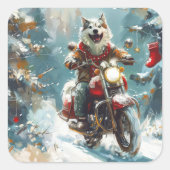 アラスカン・マラミュートの犬がバイクに乗るクリスマス スクエアシール (正面)