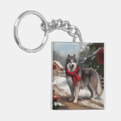 アラスカン・マラミュートの犬と雪のクリスマス キーホルダー (正面左)