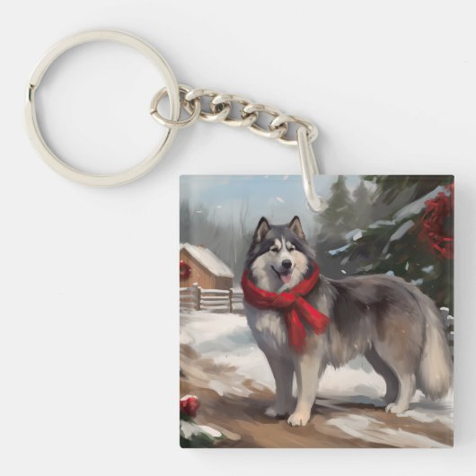 アラスカン・マラミュートの犬と雪のクリスマス キーホルダー (正面)