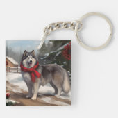 アラスカン・マラミュートの犬と雪のクリスマス キーホルダー (裏面)