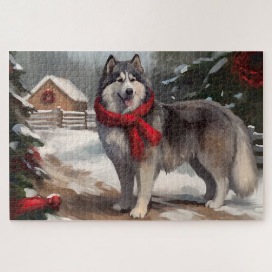 アラスカン・マラミュートの犬と雪のクリスマス ジグソーパズル (横)