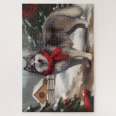 アラスカン・マラミュートの犬と雪のクリスマス ジグソーパズル (縦)
