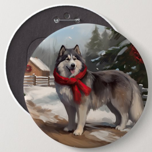 アラスカン・マラミュートの犬と雪のクリスマス 缶バッジ (正面&裏面)