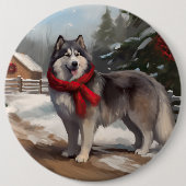 アラスカン・マラミュートの犬と雪のクリスマス 缶バッジ (正面)