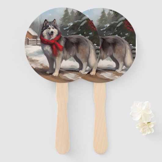 アラスカン・マラミュートの犬の雪のクリスマス ハンドファン (正面&裏面)