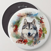 アラスカン・マラミュート クリスマスリース クリスマスの愛犬 缶バッジ (正面&裏面)