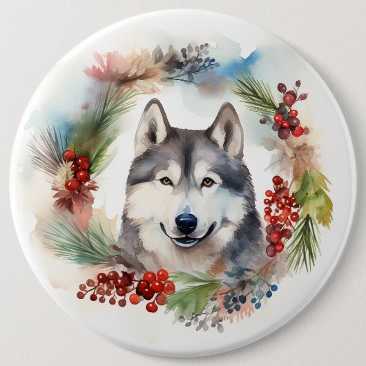 アラスカン・マラミュート クリスマスリース クリスマスの愛犬 缶バッジ (正面)