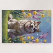 アラスカン・マラミュート 犬 春の花の絵画 ジグソーパズル (横)