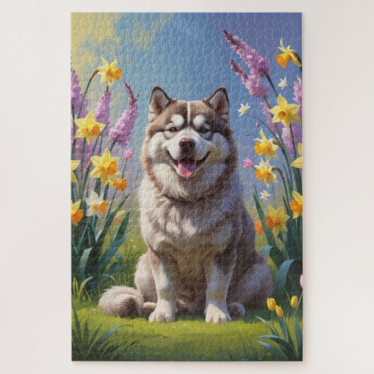 アラスカン・マラミュート 犬 春の花の絵画 ジグソーパズル (縦)