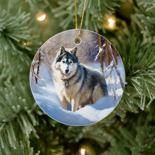 アラスカン・マラミュート 雪を降らせて クリスマス セラミックオーナメント (ツリー)