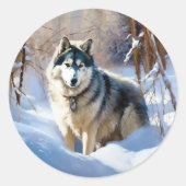 アラスカン・マラミュート 雪を降らせて クリスマス ラウンドシール (正面)