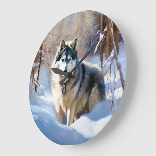 アラスカン・マラミュート 雪を降らせて クリスマス ラージ壁時計 (傾斜)