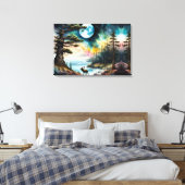 アラスカン・ムースの水辺のウッドランド キャンバスプリント (インサイチュ (寝室))
