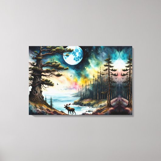 アラスカン・ムースの水辺のウッドランド キャンバスプリント (正面)