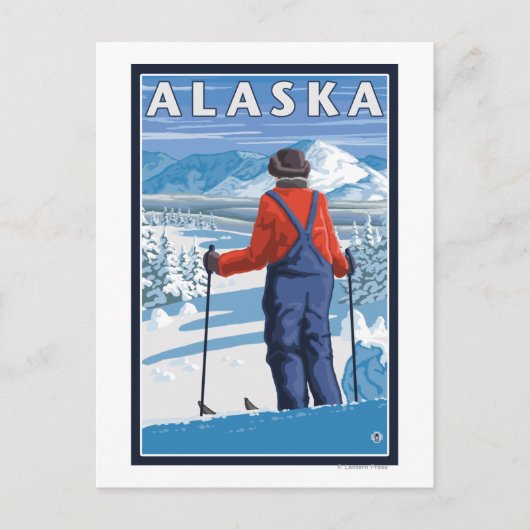アラスカヴィンテージ旅行ポスターでのスキー ポストカード (正面)