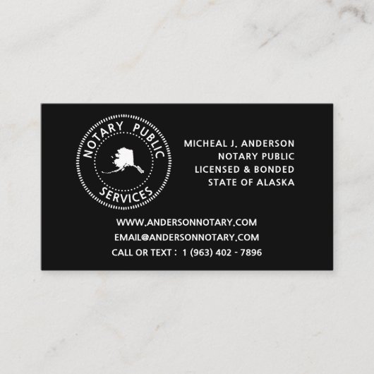 アラスカ公証人公共サービス 名刺 (正面)