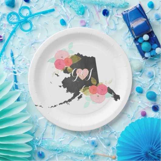 アラスカ州ウオーターカラーフローラモノグラム結婚ズ ペーパープレート (パーティー)