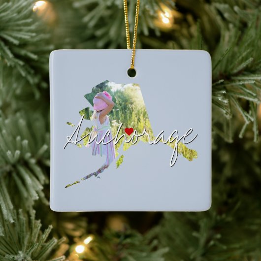 アラスカ州写真の挿入と町名 セラミックオーナメント (ツリー)