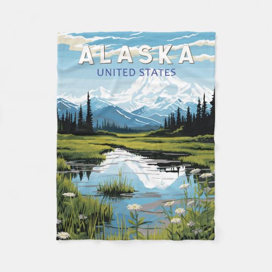 アラスカ旅行アートヴィンテージ フリースブランケット (正面)