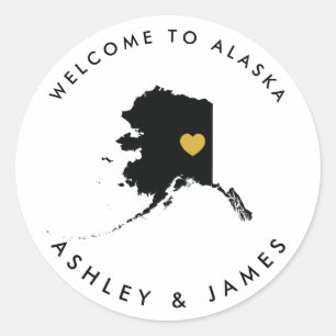 アラスカ結婚のウェルカムステッカーラベル、金ゴールド&ブラック ラウンドシール