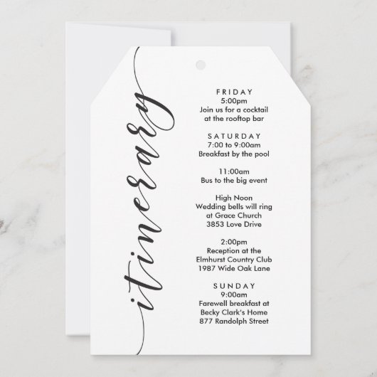 アラスカ結婚のウェルカムラベル、手紙の旅程 (裏面)