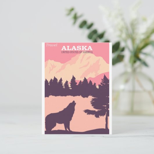 アラスカ自然ウルフピンクヴィンテージ旅行ポスターポスト ポストカード (スタンド正面)