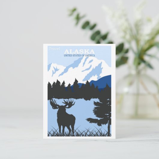 アラスカ自然ムースブルーヴィンテージ旅行ポスター ポストカード (スタンド正面)