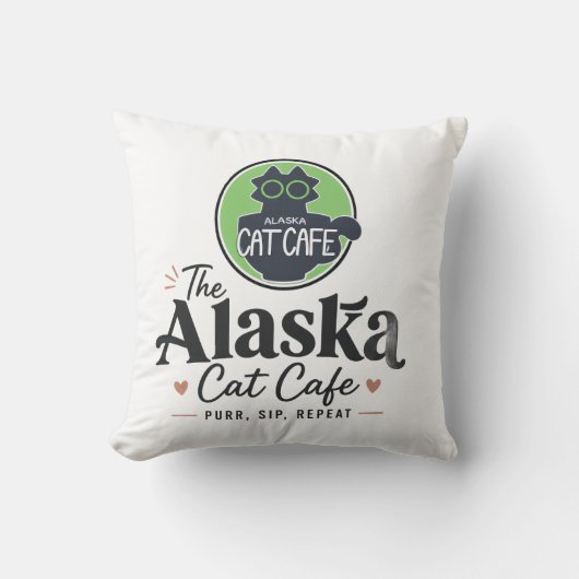 アラスカ・キャット・カフェ "Purr, Sip, Repeat" クッション (正面)