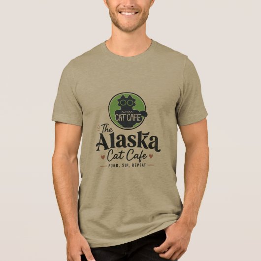 アラスカ・キャット・カフェ "Purr, Sip, Repeat" トライブレンドTシャツ (正面)