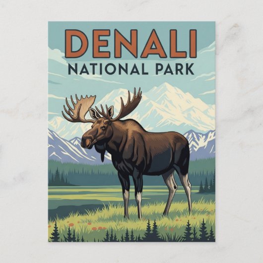 アラスカ デナリ国立公園のヘラジカ ビンテージ ポストカード (正面)