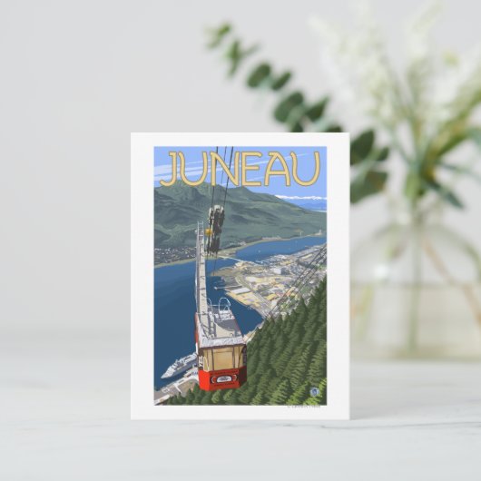 アラスカ・ヴィンテージ旅行ポスター、ジュノー上空のトラム ポストカード (スタンド正面)