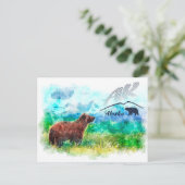 アラスカ(AK)コディアックブラウンベア。水の色絵画の ポストカード (スタンド正面)