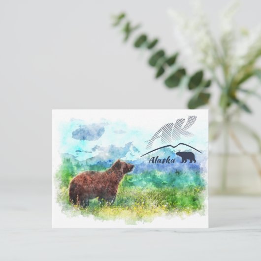 アラスカ(AK)コディアックブラウンベア。水の色絵画の ポストカード (スタンド正面)