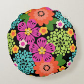 アラナガーデンハワイアングラフィカルフローラ – ブラック ラウンドクッション (裏面)