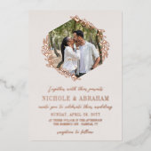 アラバスター六角バラ金ゴールドリース結婚写真 箔招待状 (正面)