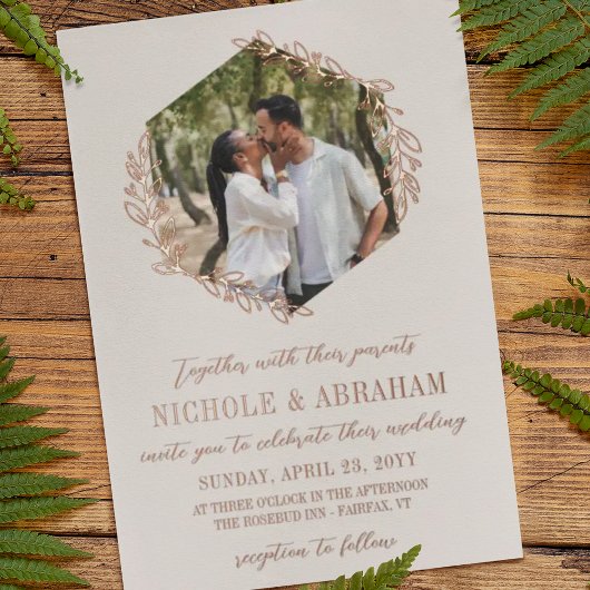 アラバスター六角バラ金ゴールドリース結婚写真 箔招待状