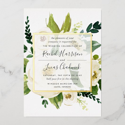 アラバスター結婚フローラ金ゴールド 箔招待状 (正面)