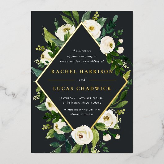 アラバスター |緑と白のフローラフレ結婚ーム 箔招待状 (正面)