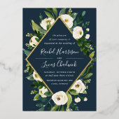 アラバスター |緑と白のフローラフレ結婚ーム 箔招待状 (正面)