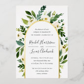 アラバスター |緑と白のフローラ結婚アーチ 箔招待状 (正面)